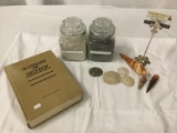 Lot of Natural treasures; Glossary of Geology book, 2x jars Mt. St. Helen?s volcanic ash, sea shells