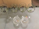 4x painted Glassware w/ stem and 2x gold rim glasses
