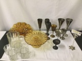 16x antique home decor; crystal pitcher/ mugs, glass cake stand, metal chalices approx 10x4?