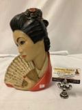 1965 Asian female painted ceramic bust by Brower - Marwal Ind. INC, approximately 12 x 8 inches.