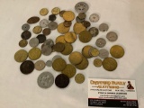 Lot of vintage trade tokens and altered coins, foreign currency