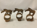 3 Handcarved Wooden African Zebra Napkin Rings, 4 inches tall