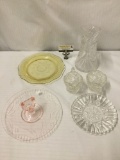 6 pc lot of unmarked antique glassware incl. pink treats dish, crystal pitcher and yellow plate