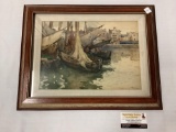 Vintage framed watercolor print of boats in the harbor, approximately 20 x 15 inches.