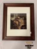 Framed aerial photograph of homes in France, signed by artist, approximately 14 x 17 inches.