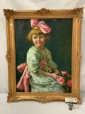 Ornate antique wood frame with portrait on canvas of young girl with pink bow in her hair, inscribed