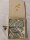 Asian wood box set of matching sandals/slippers with hand bag, unused