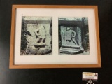 Framed pair of photographs of stone pillar carvings - knight In armor approx 21x15 inches