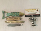 3 pocket knives and a bottle opener. The bottle opener has a broken Corkscrew the schrade has a