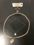 Trifari gold tone 14 inch necklace w/ faux pearl & 1940s gold-filled 14 karat locket necklace