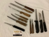 12 knives; 3x Chicago Cutlery, 3x wood handled carving knives, fillet knife, Colonial, Mundial etc
