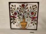 Decorative painted metal wall art of flowers in vase, approx 24x24 inches