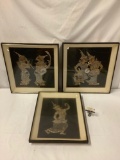 3 window box framed Thai figure fabric drawings of dancer and musicians, 2 show wear from storage,