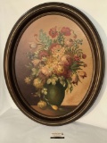 Vintage oval framed painting of flowers, signed, artist unknown, approx 34x28 inches