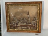 Large framed fabric print of London with glitter highlights, approx 31x26 inches