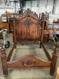 Victorian mahogany bedframe w/ intricate carved detail & four pillar design - needs new hardware as