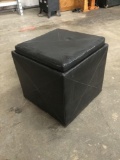 Modern ottoman with removable top and inlaid tray. Measures approximately 18x18x18 inches. JRL