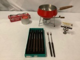 Mid century enamelware fondue set with pot, stand, burner, and 8x Inox fondue forks
