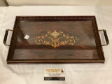 Antique wooden serving tray with glass top, approximately 20 x 10 inches