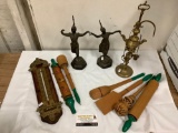 Lot of wooden kitchen tools with rack, metal Thai figure statues (damaged), wood/brass wall