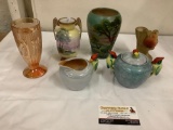 Lot of 6 vintage/antique home decor, ceramic vase, carnival glass, bird bud vase, creamer and sugar