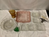 Lot of 10 vintage colored glass home decor, small trays, pitcher, serving bowl and plate approx 9x10