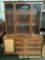 Mid Century Lane Furniture wooden lighted china cabinet with burled drawers & rush cabinet door