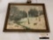 Antique framed hand tinted Winter scene nature print by Augustson, 1930