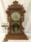Antique Eastlake period time strike kitchen mantle clock w/ ornate molding & printed glass design