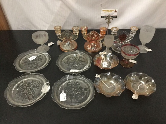 Collection of Jeanette glass iris and herringbone pattern incl. Marigold candleholders and bowls