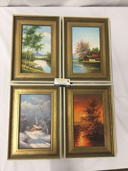 4 original oil paintings depicting rural nature/house scenes in all 4 seasons - signed by artist