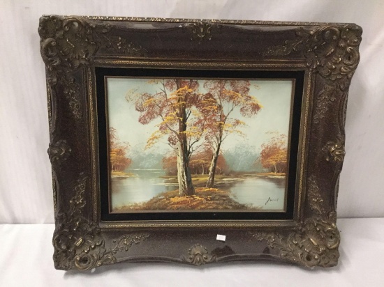 Original oil painting in serene woodland/lake scene in high quality ornate frame - signed James (?)