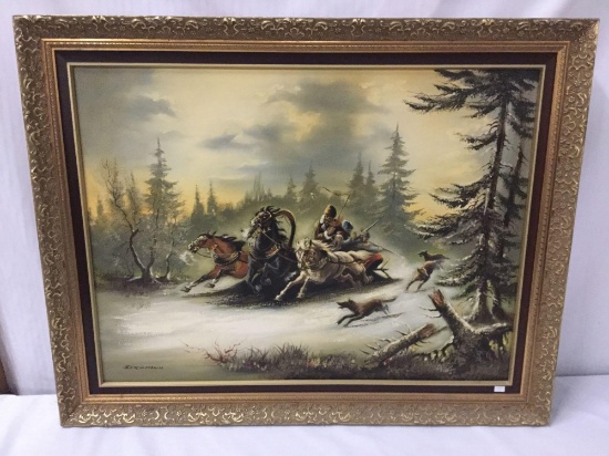 Original framed oil painting depicting a Russian hunting team - signed by artist Bergmann