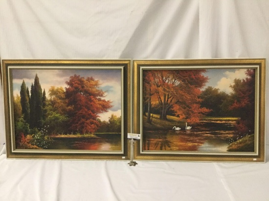 Pair of original unsigned oil paintings depicting placid lake scenes in fall - artist unknown