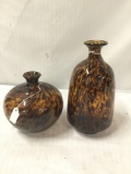 2 vintage tortoise shell design glass bottle vases