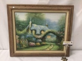 Original oil painting of quaint cottage scene - signed by artist W. James