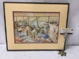 Original watercolor painting of fisherman/fish market scene - unsigned