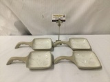 Set of 4 vintage Glidden stoneware-baking dishes with handles and feather pattern