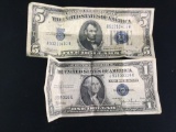 Collection of 2 Red Seal American bills. A 1934 $5 bill and a 1935 $1 bill