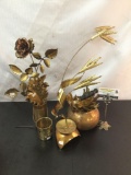 Collection of vintage brass art pieces/home decor incl. teapot, and candleholders