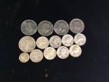 Coin lot incl. 8 silver quarters from 1947-1964, 1941 silver mercury dime, 1942 silver Liberty half