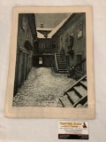 Antique print of European street scene, hand signed by artist, approx 11x15 inches.