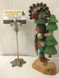 Hopi Kachina doll with tree and bell - handpainted and depicting a tribal dance