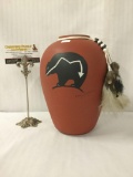 Marilyn Adams hand-crafted clay Bear vase with beads and feathers, signed by artist and labeled #9