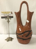 Native American style double-mouthed ceramic wedding vessel w/ bird spirit engraving - signed