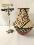 Jemez Pueblo style clay vase w/ dynamic earth tones & hand painted designs signed CC Jemez