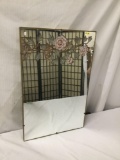 Thin frame mirror with painted copper floral inlay top