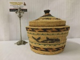 Hand woven lidded basket w/ whale design - by Native American Kyuquot artist Agnus Nicolaye