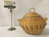 Native American woven grass basket with two handles and lid - unsigned