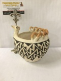 Handmade Clay bird bowl with painted Acoma Pueblo designs - signed by artist R Torivio